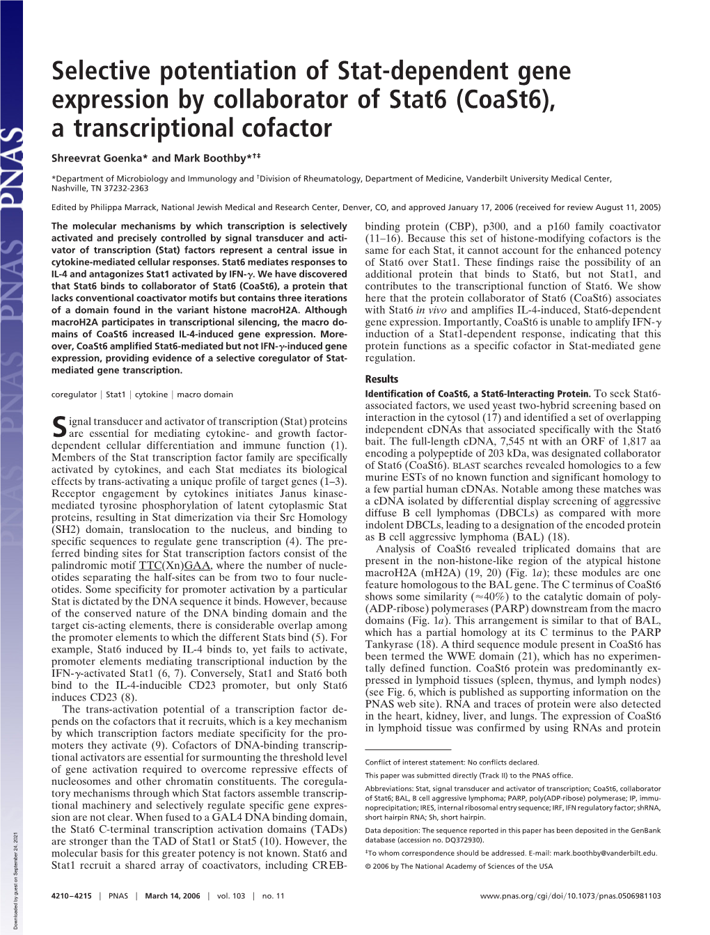 Selective Potentiation of Stat-Dependent Gene Expression by Collaborator of Stat6 (Coast6), a Transcriptional Cofactor