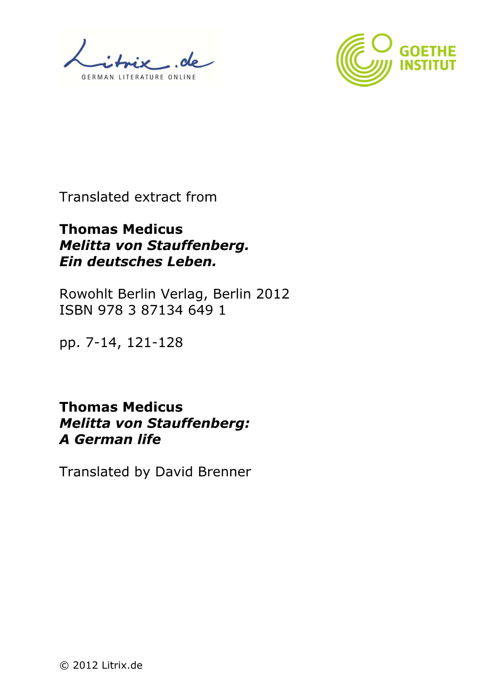 Translated Extract from Thomas Medicus Melitta Von Stauffenberg
