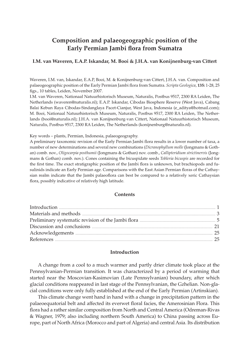 Composition and Palaeogeographic Position of the Early Permian Jambi Fl Ora from Sumatra