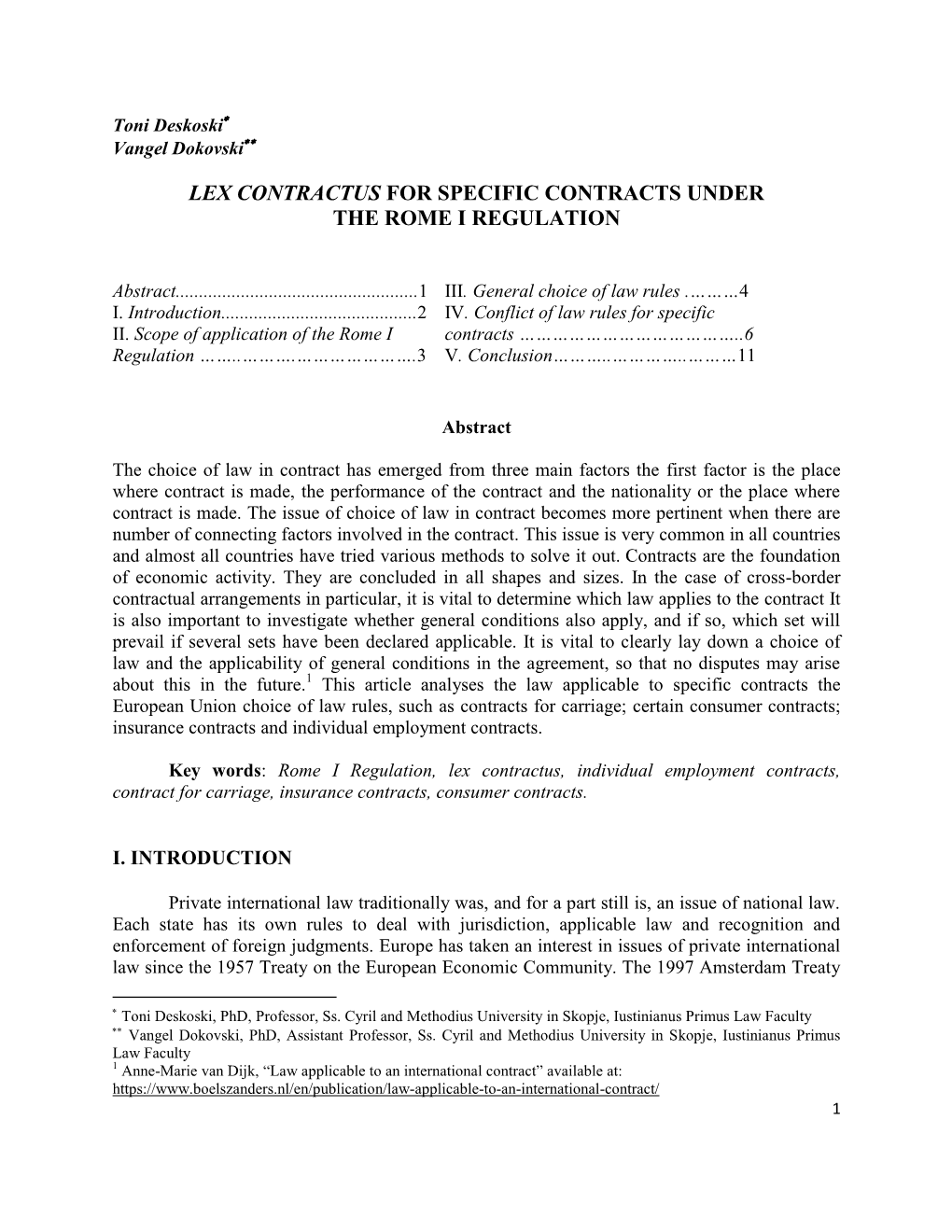 Lex Contractus for Specific Contracts Under the Rome I Regulation