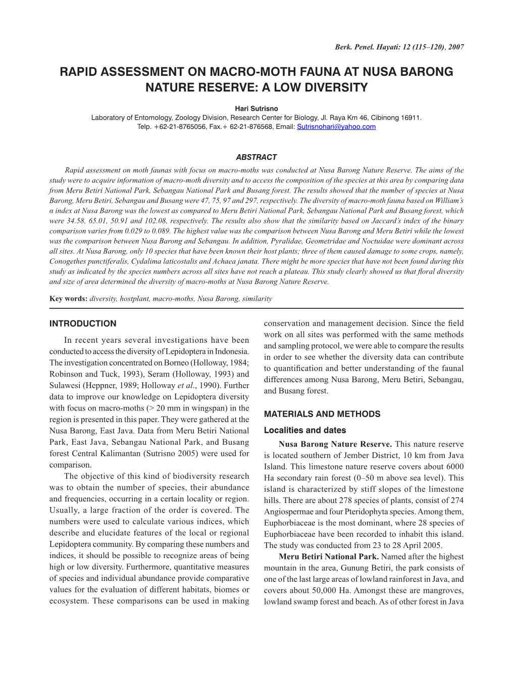 Rapid Assessment on Macro-Moth Fauna at Nusa Barong Nature Reserve: a Low Diversity