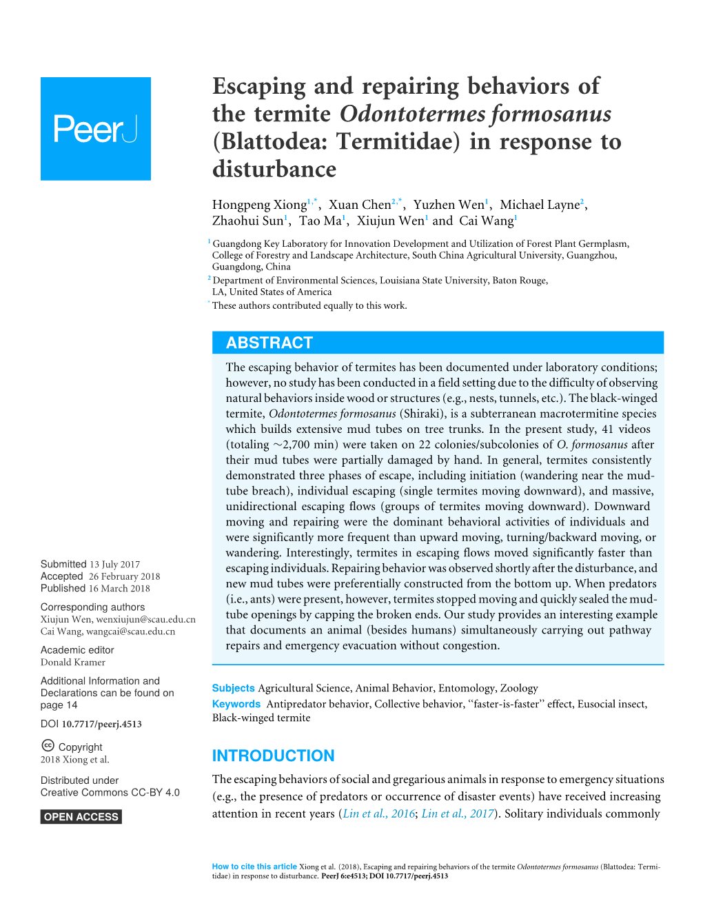 Escaping and Repairing Behaviors of the Termite Odontotermes Formosanus (Blattodea: Termitidae) in Response to Disturbance