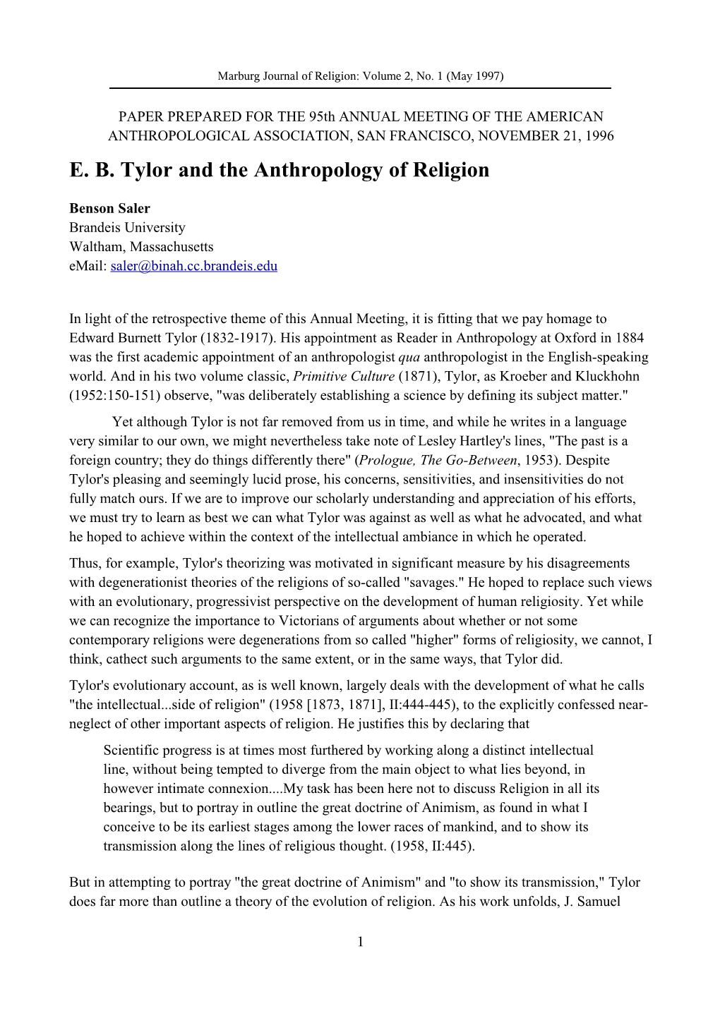 E. B. Tylor and the Anthropology of Religion