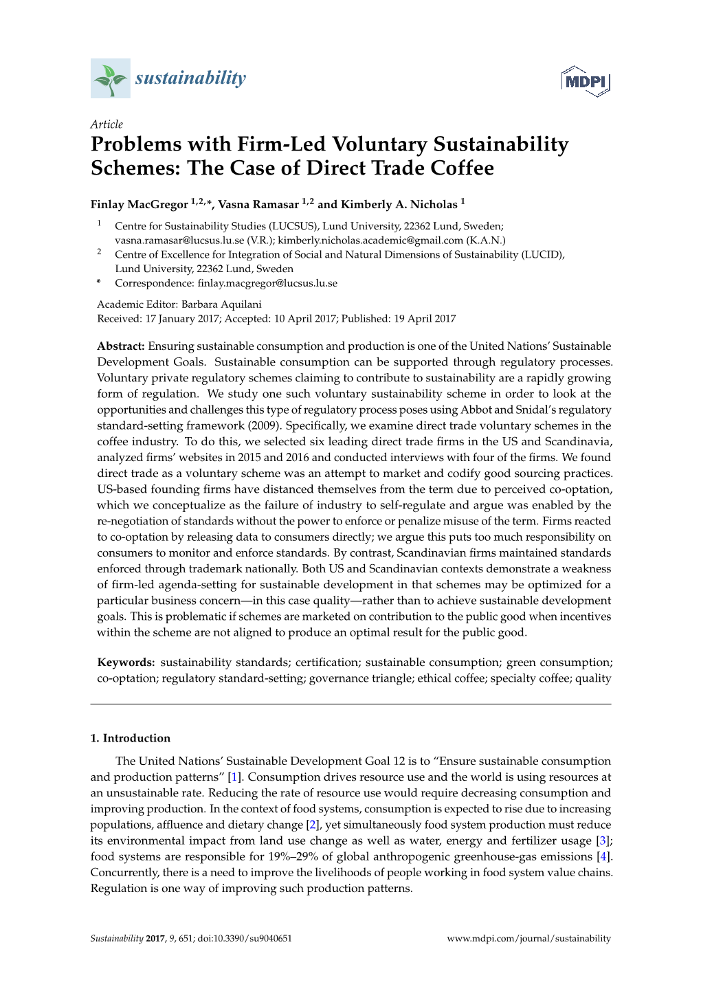 Problems with Firm-Led Voluntary Sustainability Schemes: the Case of Direct Trade Coffee