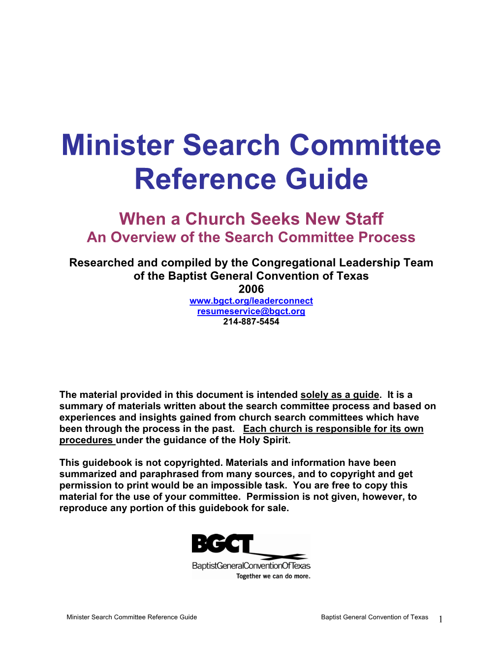 Minister Search Committee Reference Guide Baptist General Convention of Texas 1 Minister Search Committee Reference Guide