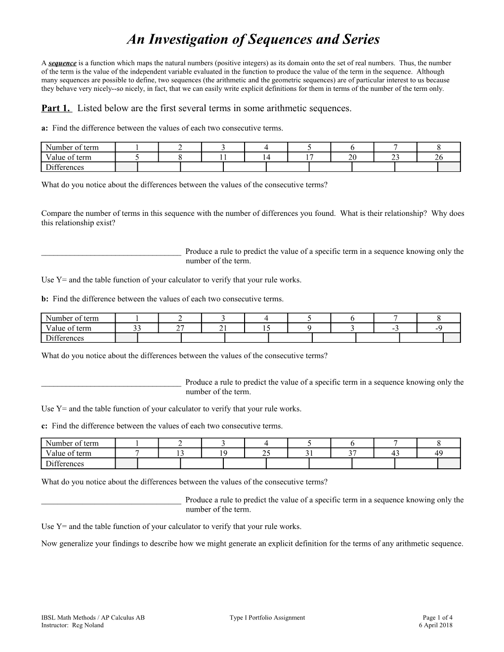 An Investigation of Sequences and Series