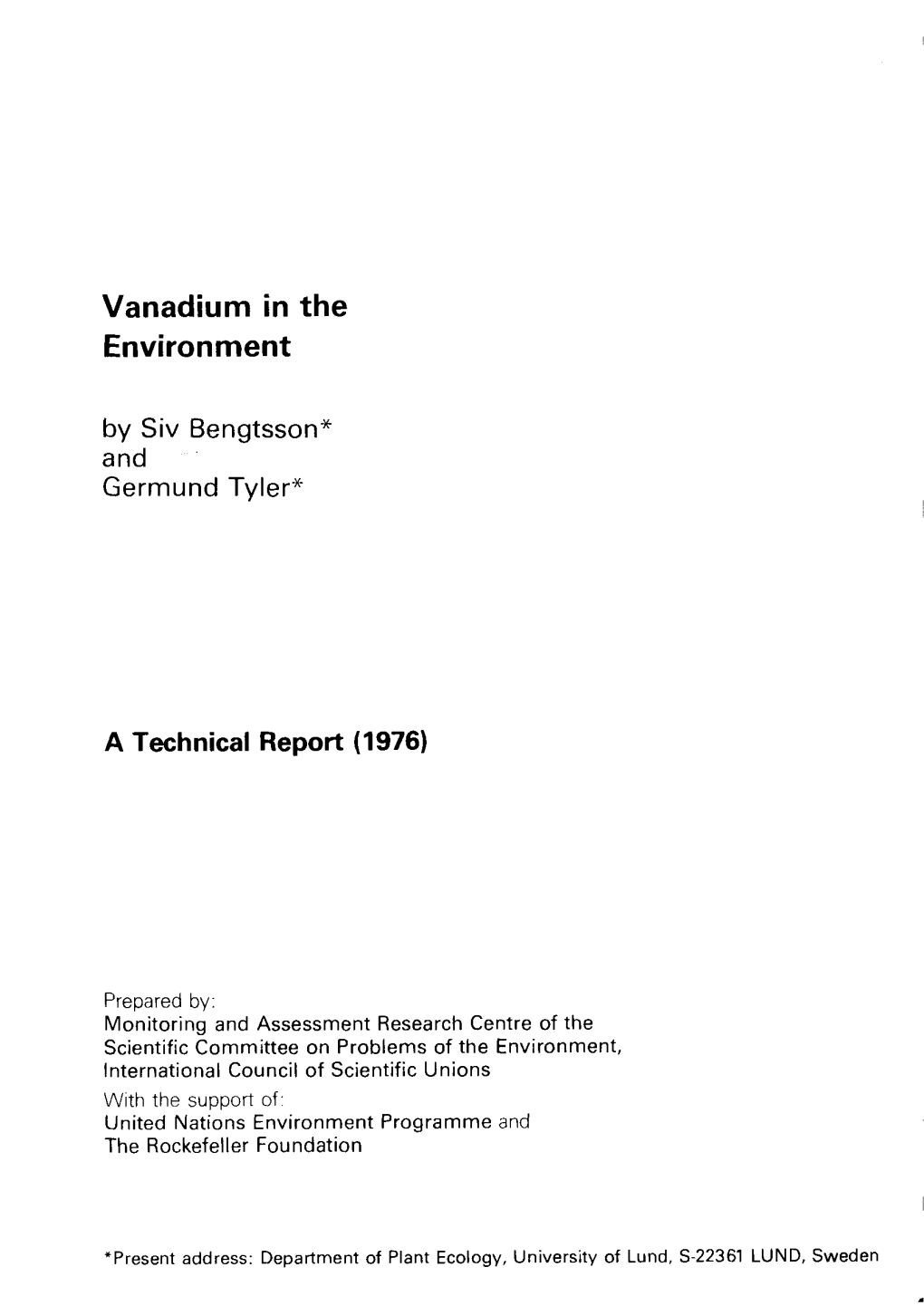 Vanadium in the Environment by Sly B Engtsson * and Germund Ty L Er*