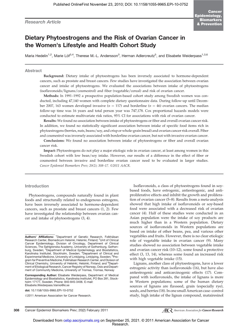 Dietary Phytoestrogens and the Risk of Ovarian Cancer in the Women's Lifestyle and Health Cohort Study