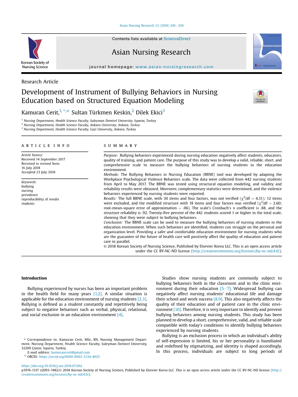 Development of Instrument of Bullying Behaviors in Nursing Education Based on Structured Equation Modeling