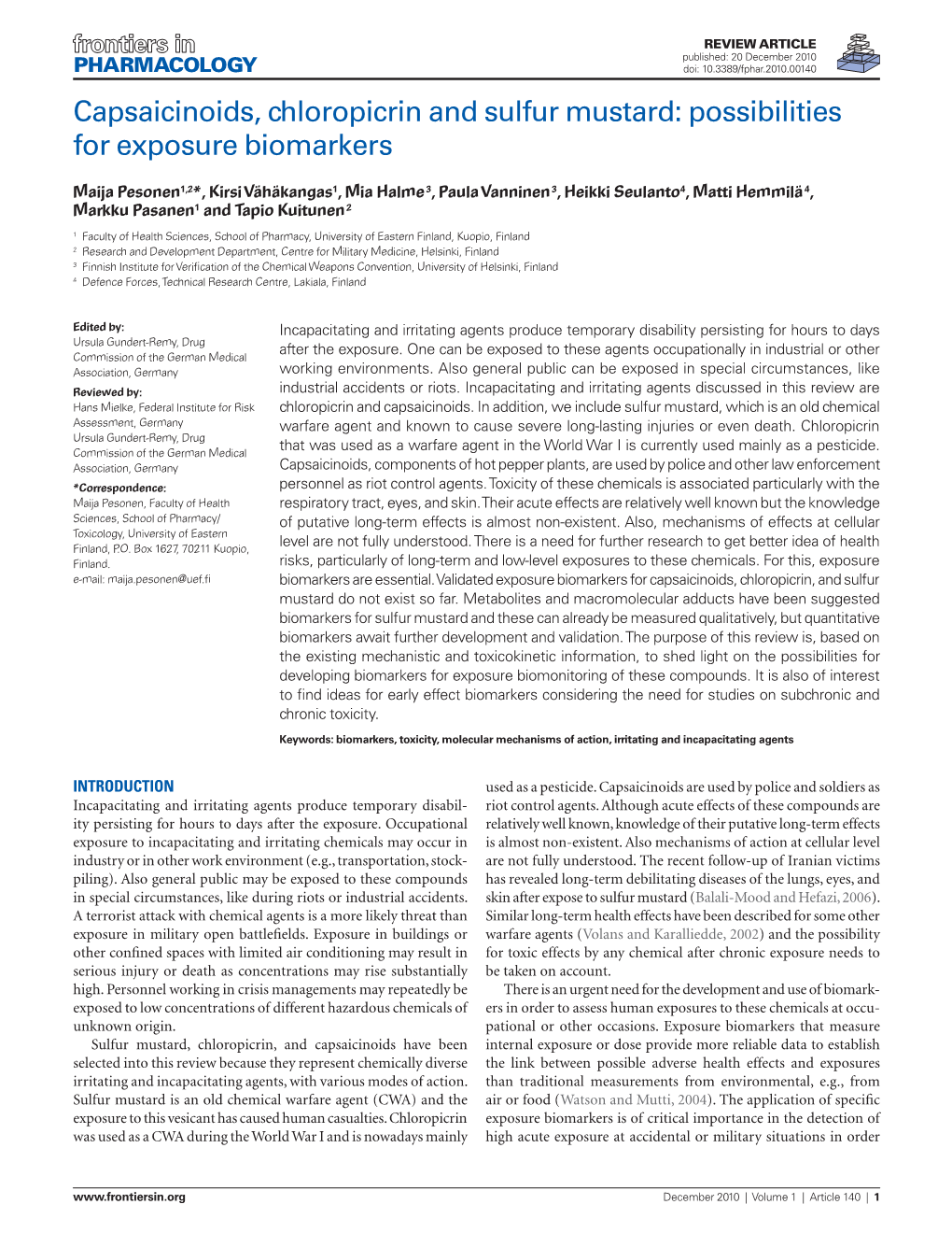 Capsaicinoids, Chloropicrin and Sulfur Mustard: Possibilities for Exposure Biomarkers