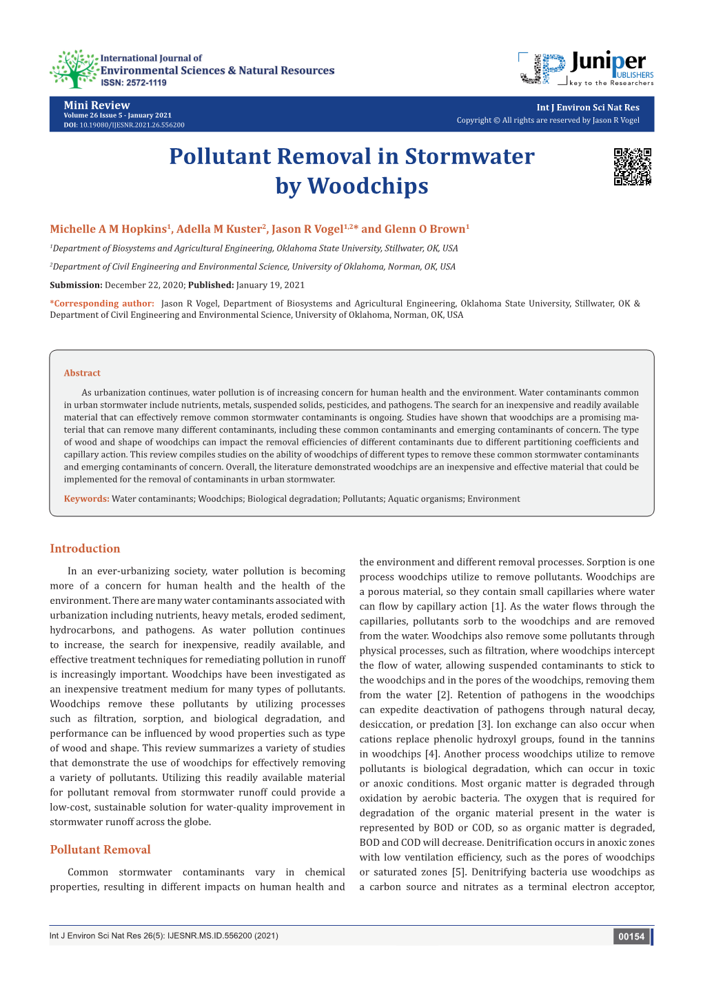 Pollutant Removal in Stormwater by Woodchips