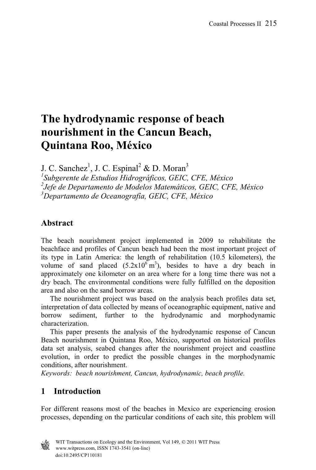 The Hydrodynamic Response of Beach Nourishment in the Cancun Beach, Quintana Roo, México