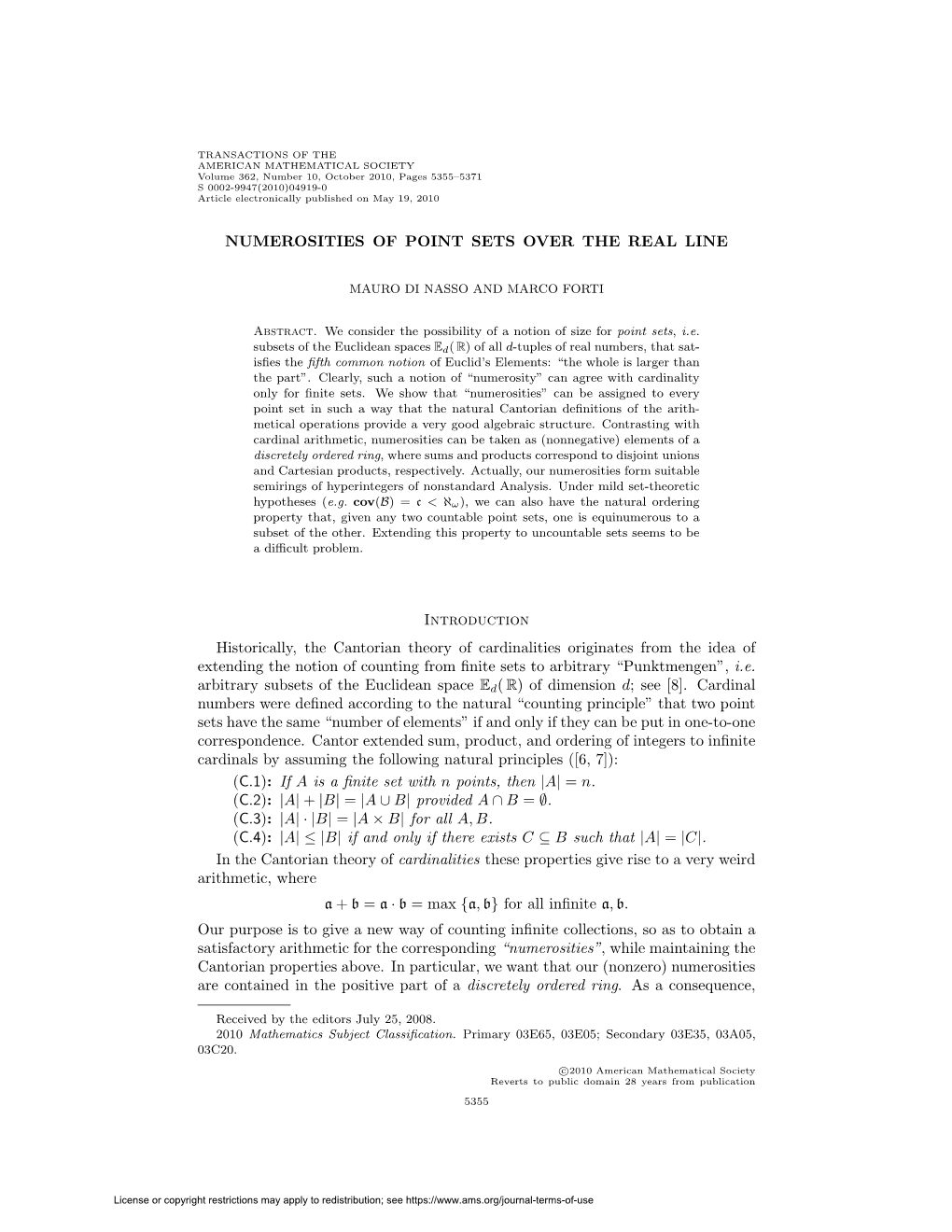 NUMEROSITIES of POINT SETS OVER the REAL LINE Introduction