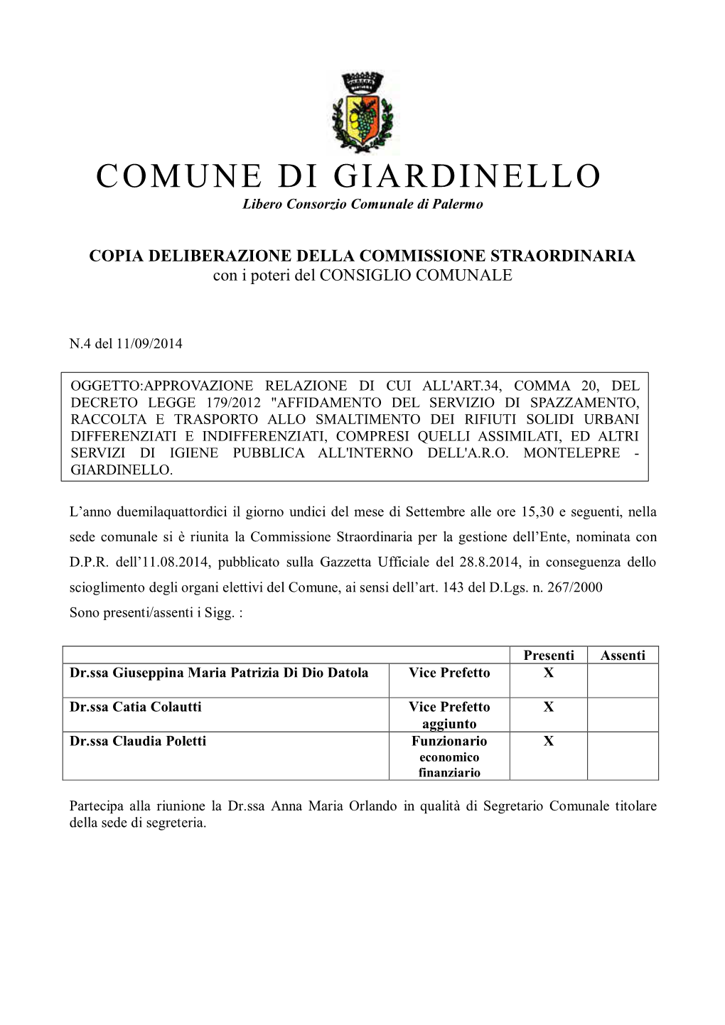 COMUNE DI GIARDINELLO Libero Consorzio Comunale Di Palermo