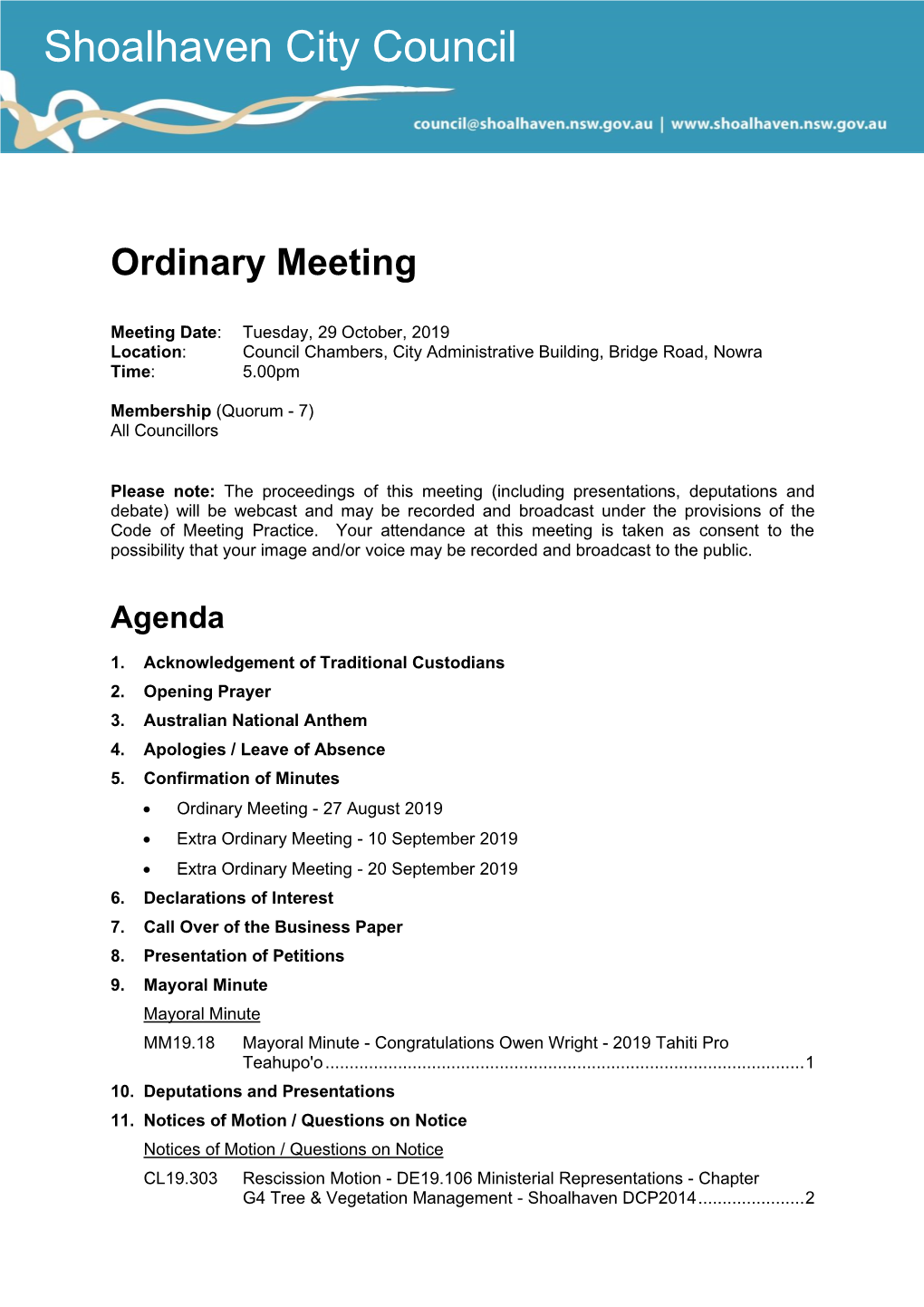 Agenda of Ordinary Meeting