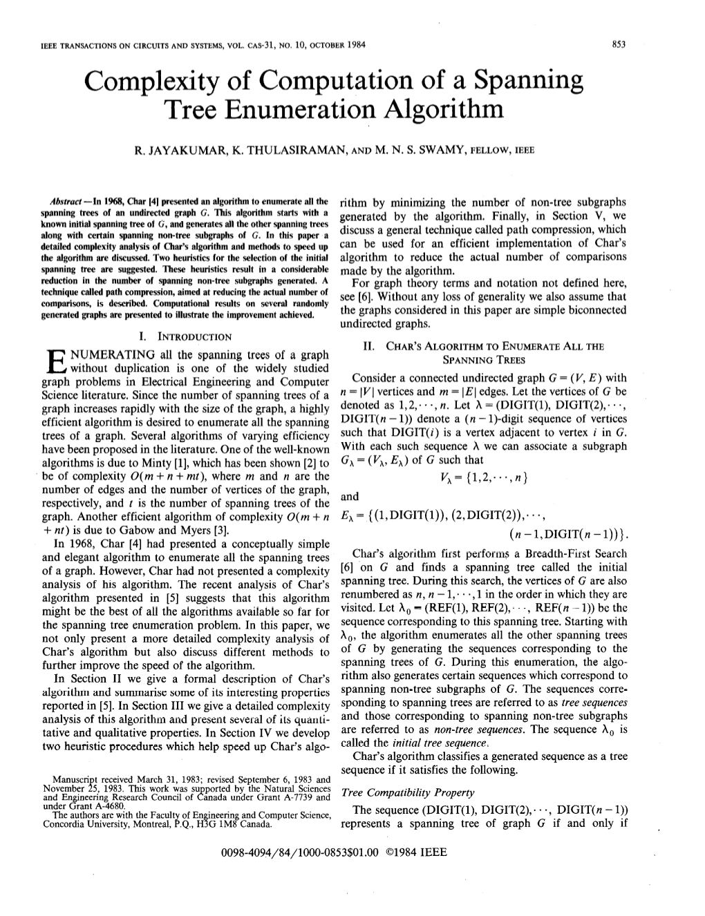 Complexity of Computation of a Spanning Tree Enumeration Algorithm