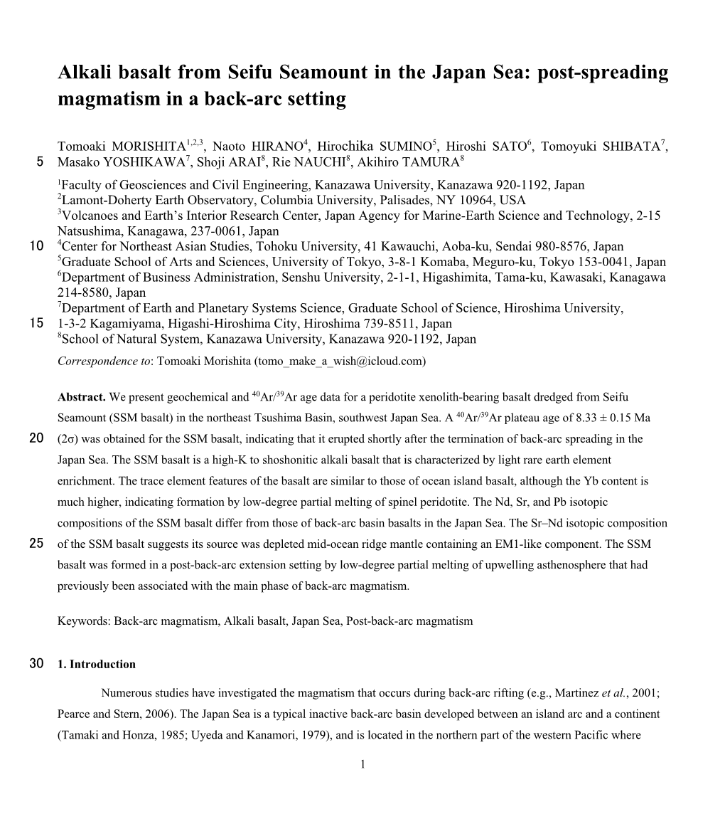 Alkali Basalt from Seifu Seamount in the Japan Sea: Post-Spreading Magmatism in a Back-Arc Setting