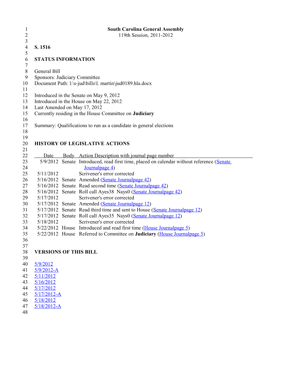 2011-2012 Bill 1516: Qualifications to Run As a Candidate in General Elections - South