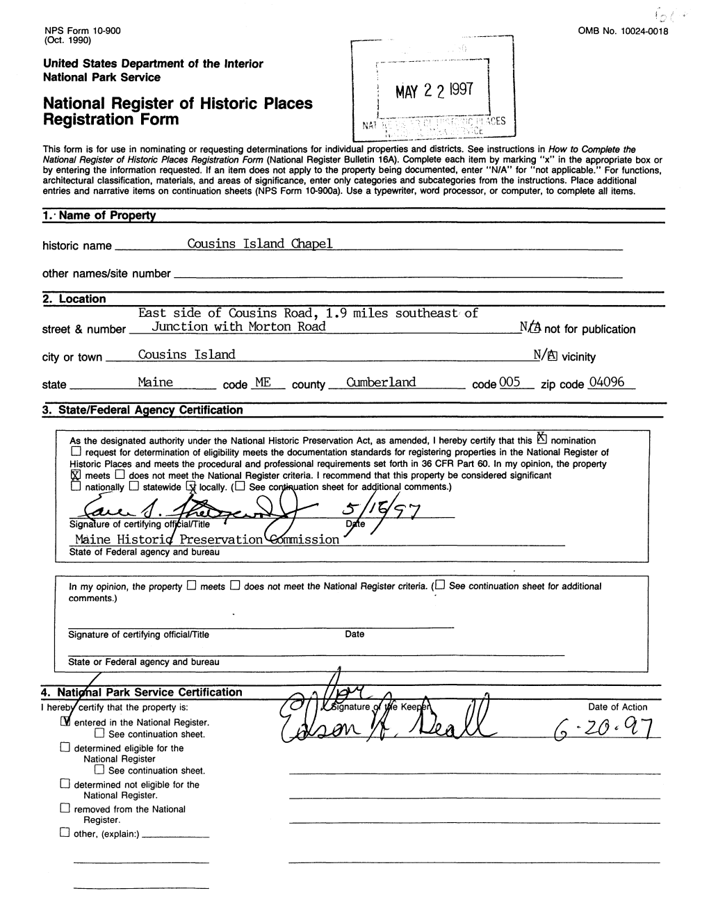 National Register of Historic Places Continuation Sheet COUSINS ISLAND CHAPEL CUMBERLAND