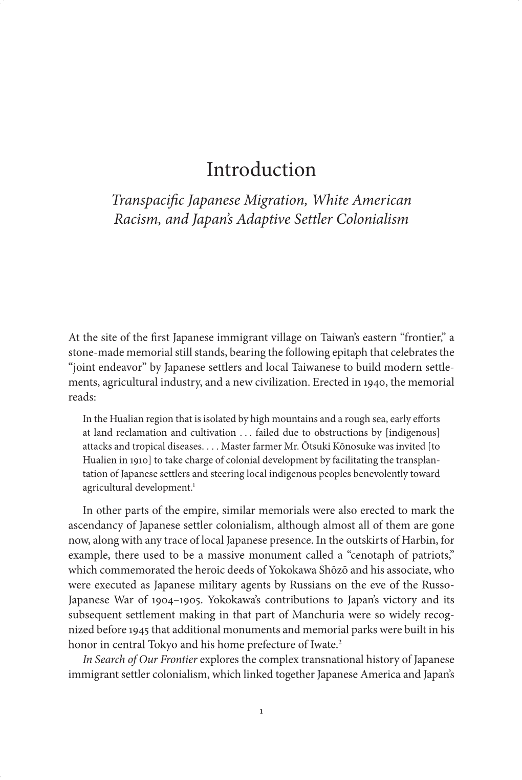 Introduction Transpacific Japanese Migration, White American Racism, and Japan’S Adaptive Settler Colonialism