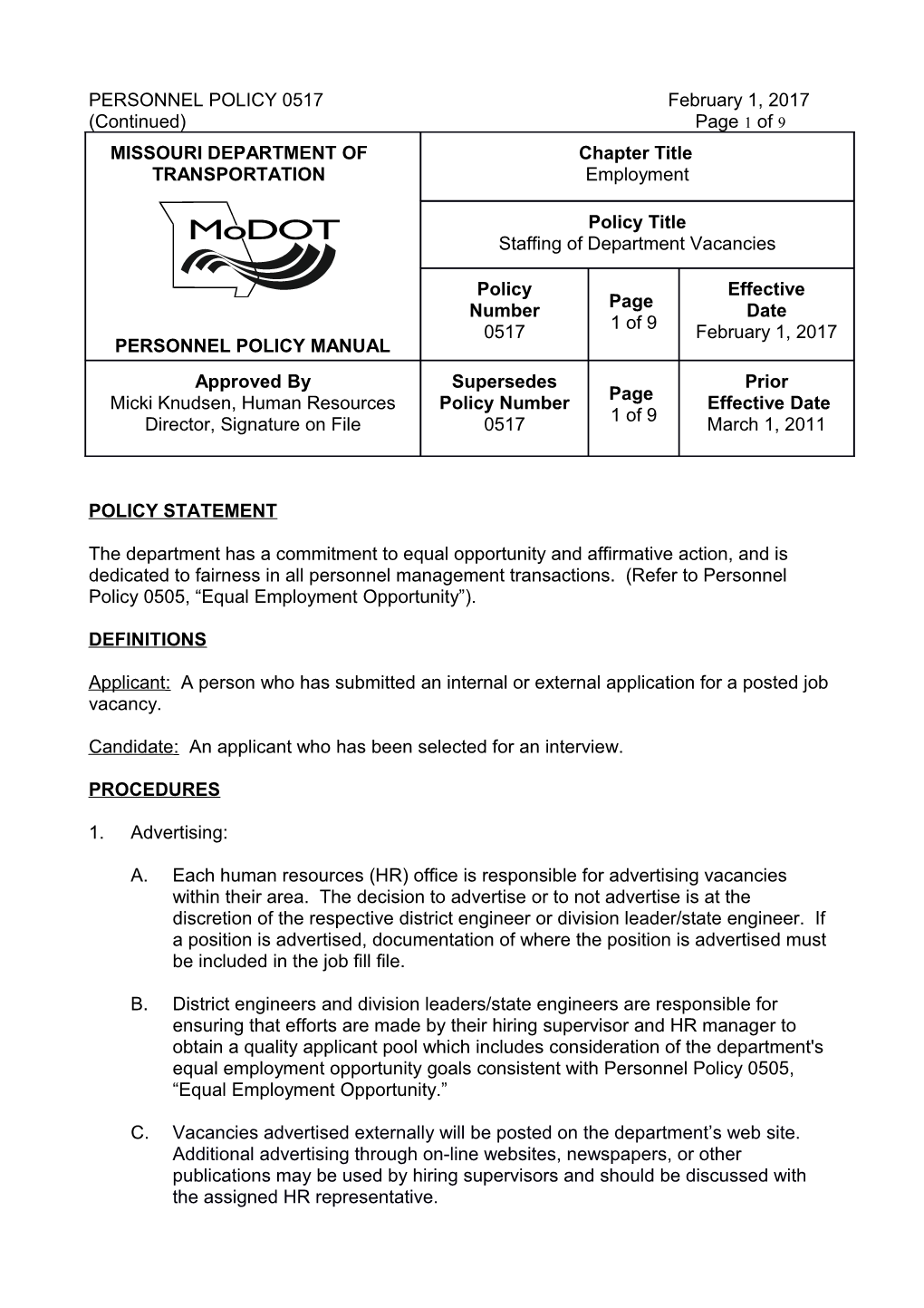 PERSONNEL POLICY 0517 February 1, 2017 (Continued) Page 5 of 9