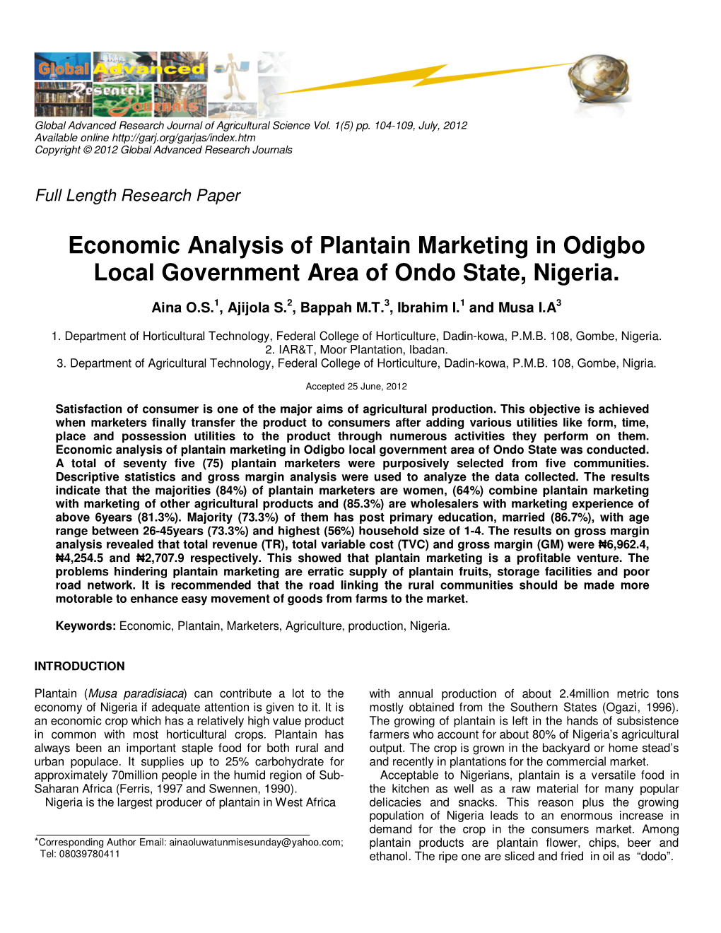 Economic Analysis of Plantain Marketing in Odigbo Local Government Area of Ondo State, Nigeria