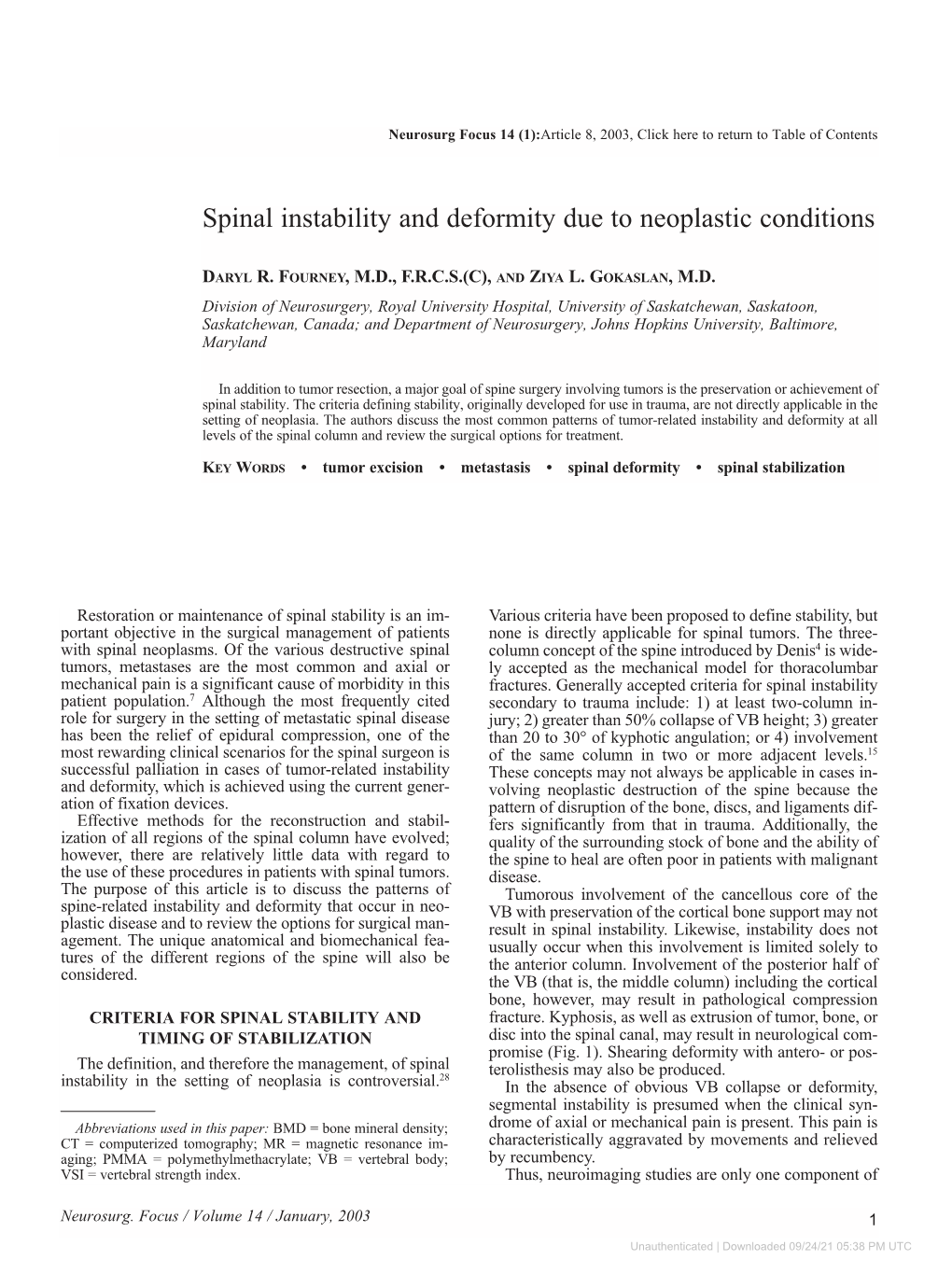 Spinal Instability and Deformity Due to Neoplastic Conditions