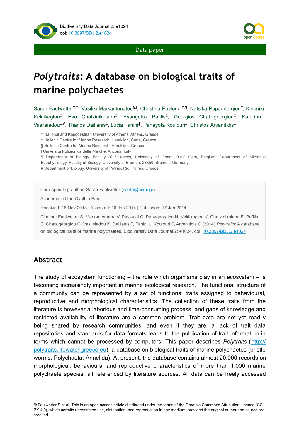 Polytraits: a Database on Biological Traits of Marine Polychaetes