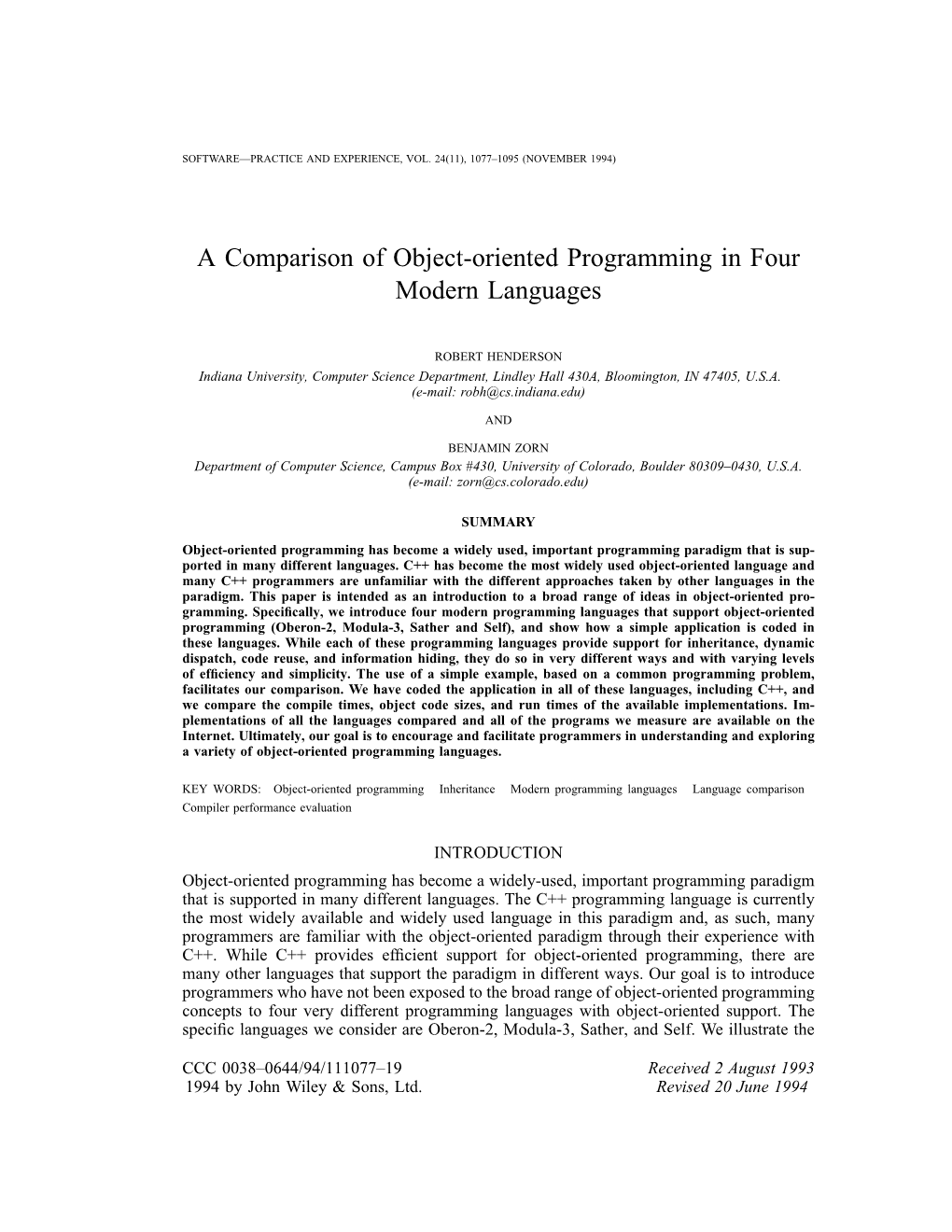 A Comparison of Object-Oriented Programming in Four Modern Languages