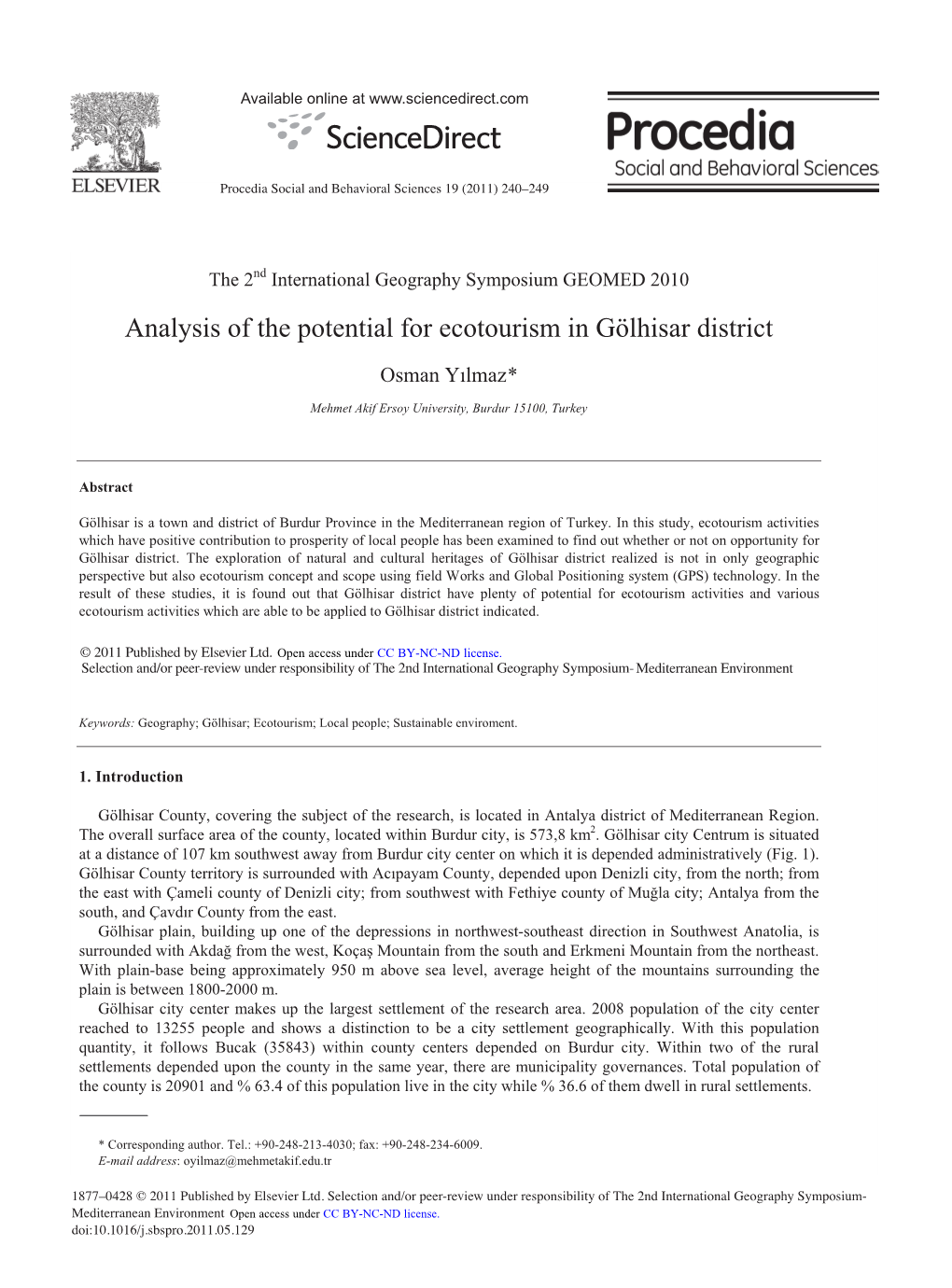 Analysis of the Potential for Ecotourism in Gölhisar District