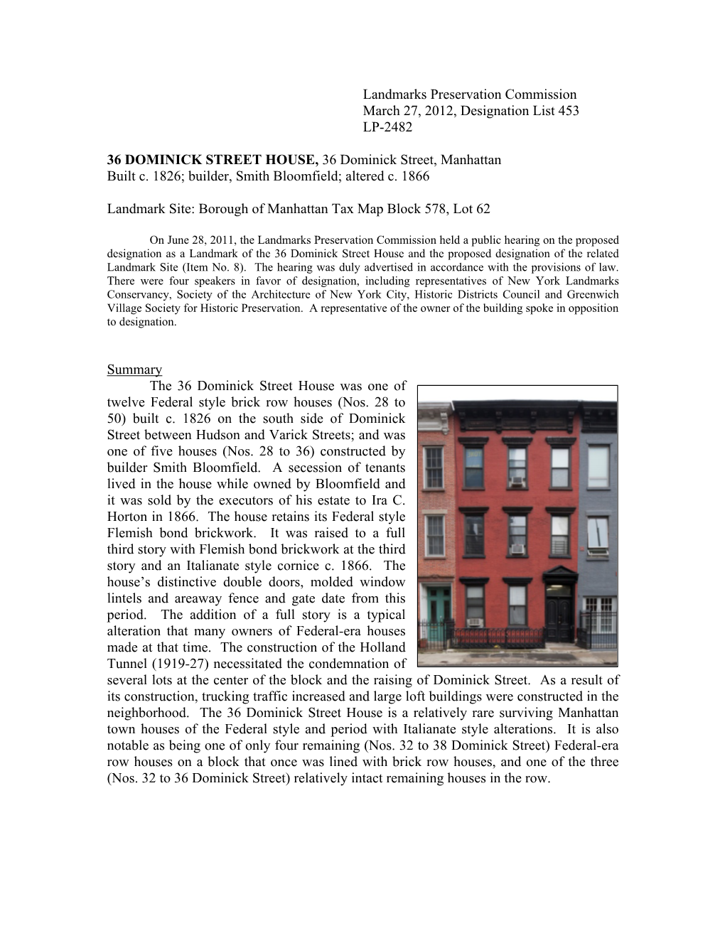 Landmarks Preservation Commission March 27, 2012, Designation List 453 LP-2482