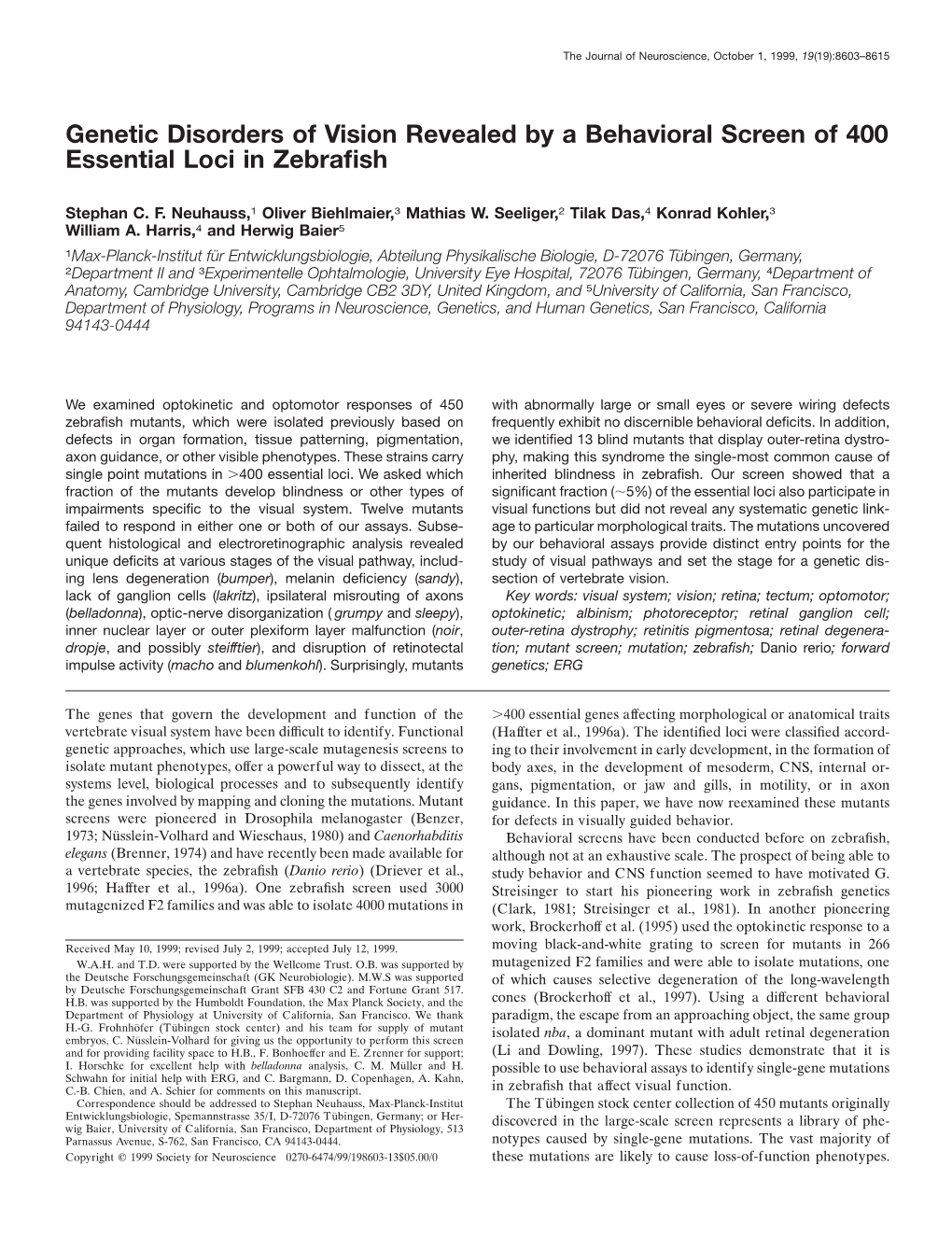 Genetic Disorders of Vision Revealed by a Behavioral Screen of 400 Essential Loci in Zebrafish