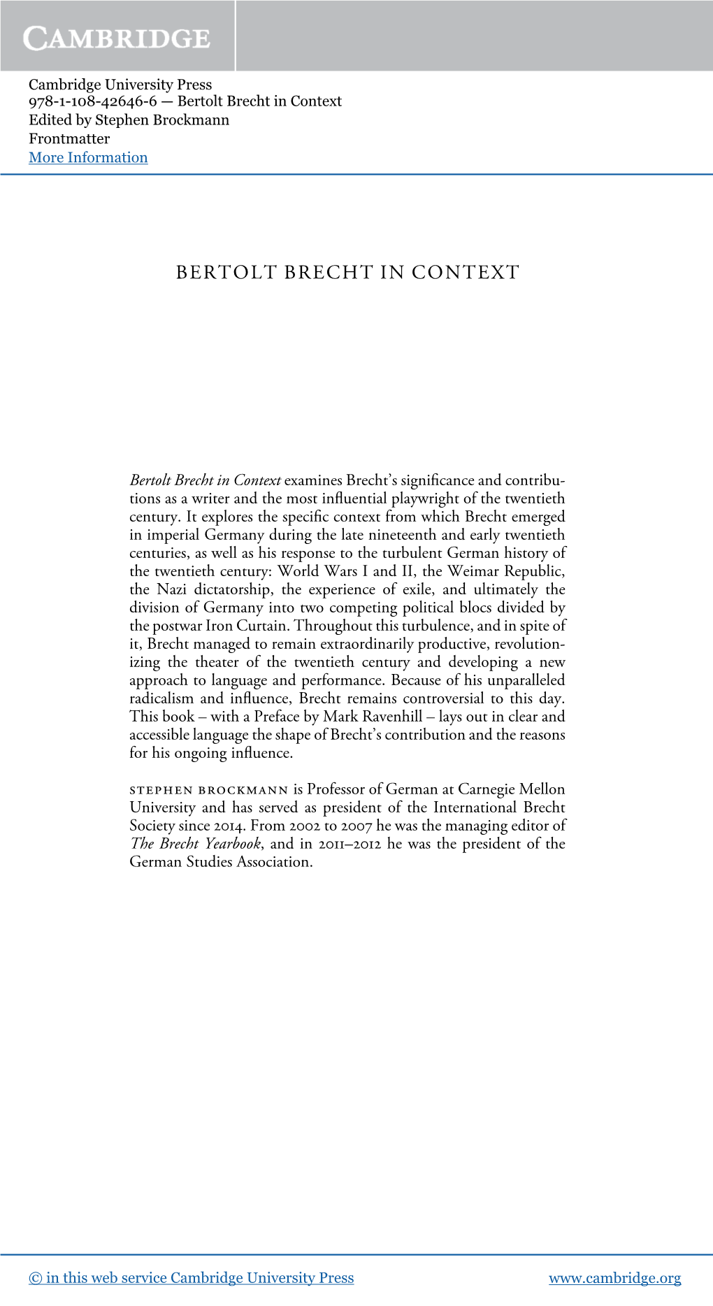 Bertolt Brecht in Context Edited by Stephen Brockmann Frontmatter More Information