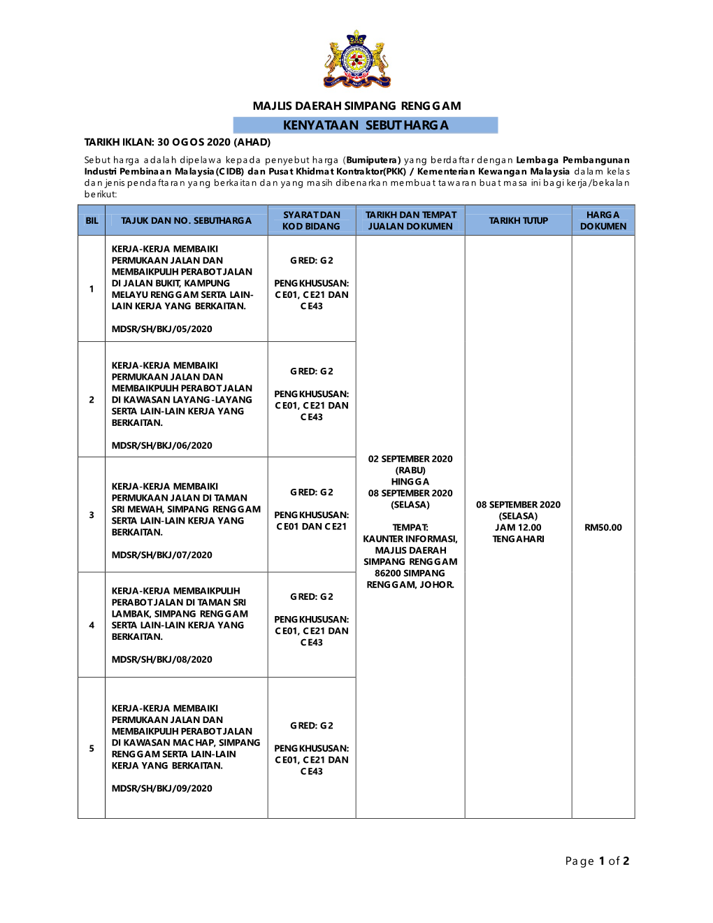 Kenyataan Sebut Harga Tarikh Iklan: 30 Ogos 2020 (Ahad)