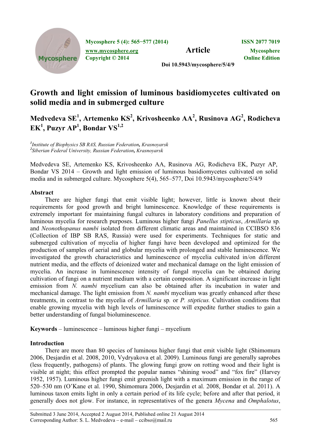 Growth and Light Emission of Luminous Basidiomycetes Cultivated on Solid Media and in Submerged Culture