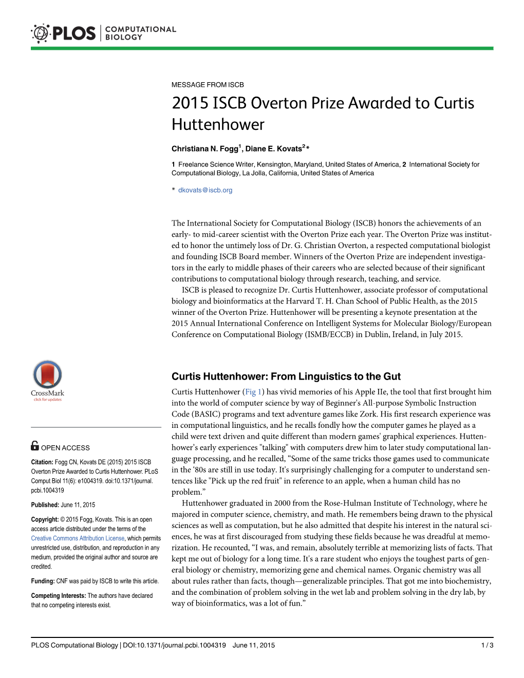 2015 ISCB Overton Prize Awarded to Curtis Huttenhower