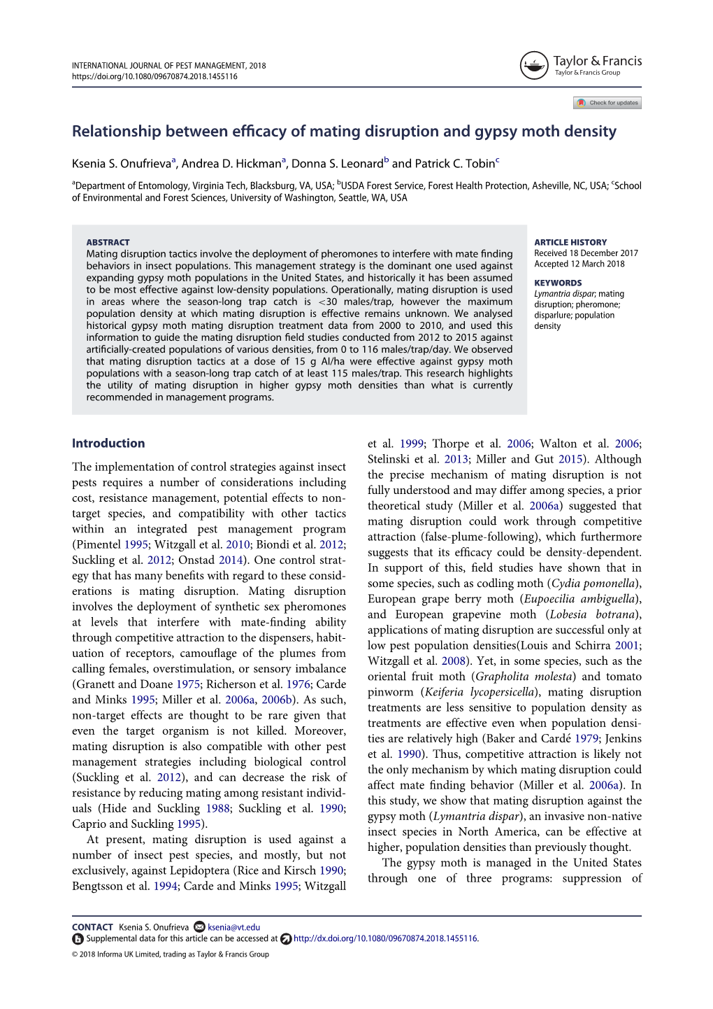 Relationship Between Efficacy of Mating Disruption and Gypsy Moth