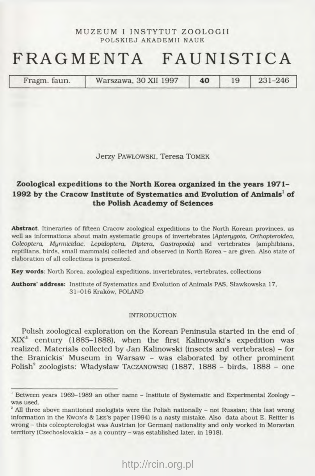 Zoological Expeditions to the North Korea Organized in the Years 1971