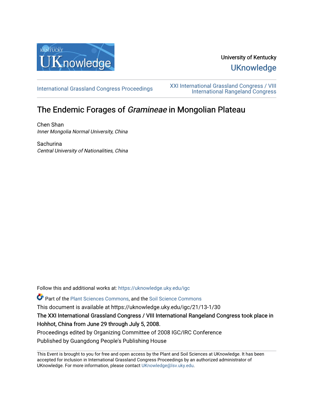 The Endemic Forages of &lt;I&gt;Gramineae&lt;/I&gt; in Mongolian Plateau
