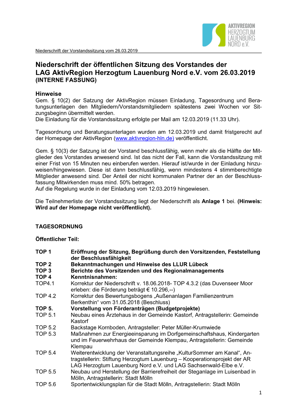 Niederschrift Der Öffentlichen Sitzung Des Vorstandes Der LAG Aktivregion Herzogtum Lauenburg Nord E.V