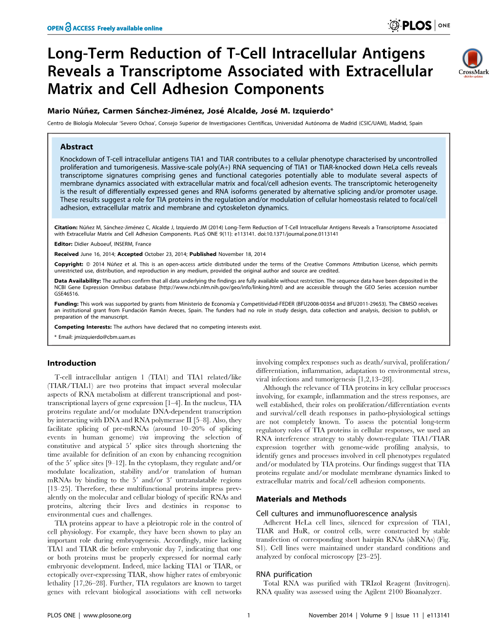 Long-Term Reduction of T-Cell Intracellular Antigens Reveals a Transcriptome Associated with Extracellular Matrix and Cell Adhesion Components