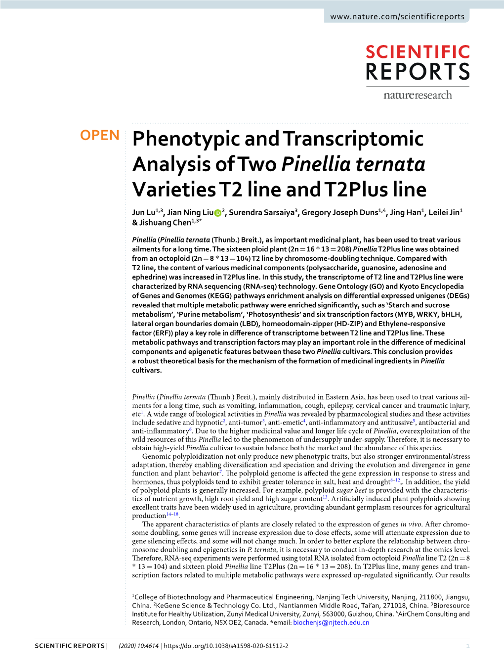 Phenotypic and Transcriptomic Analysis of Two Pinellia Ternata