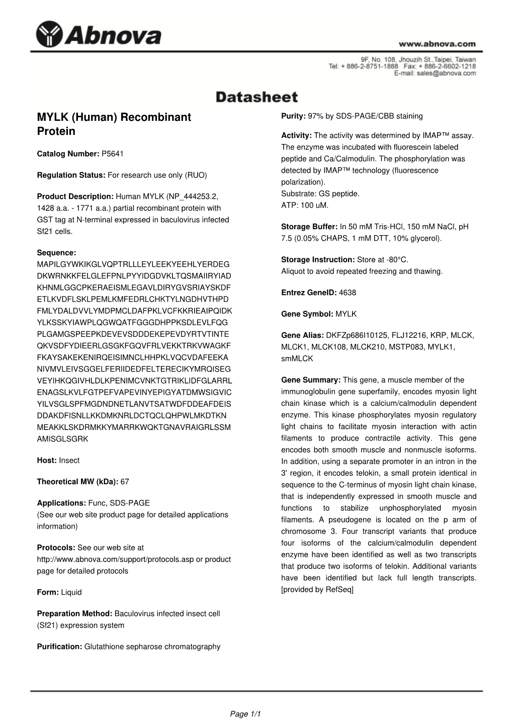 MYLK (Human) Recombinant Protein