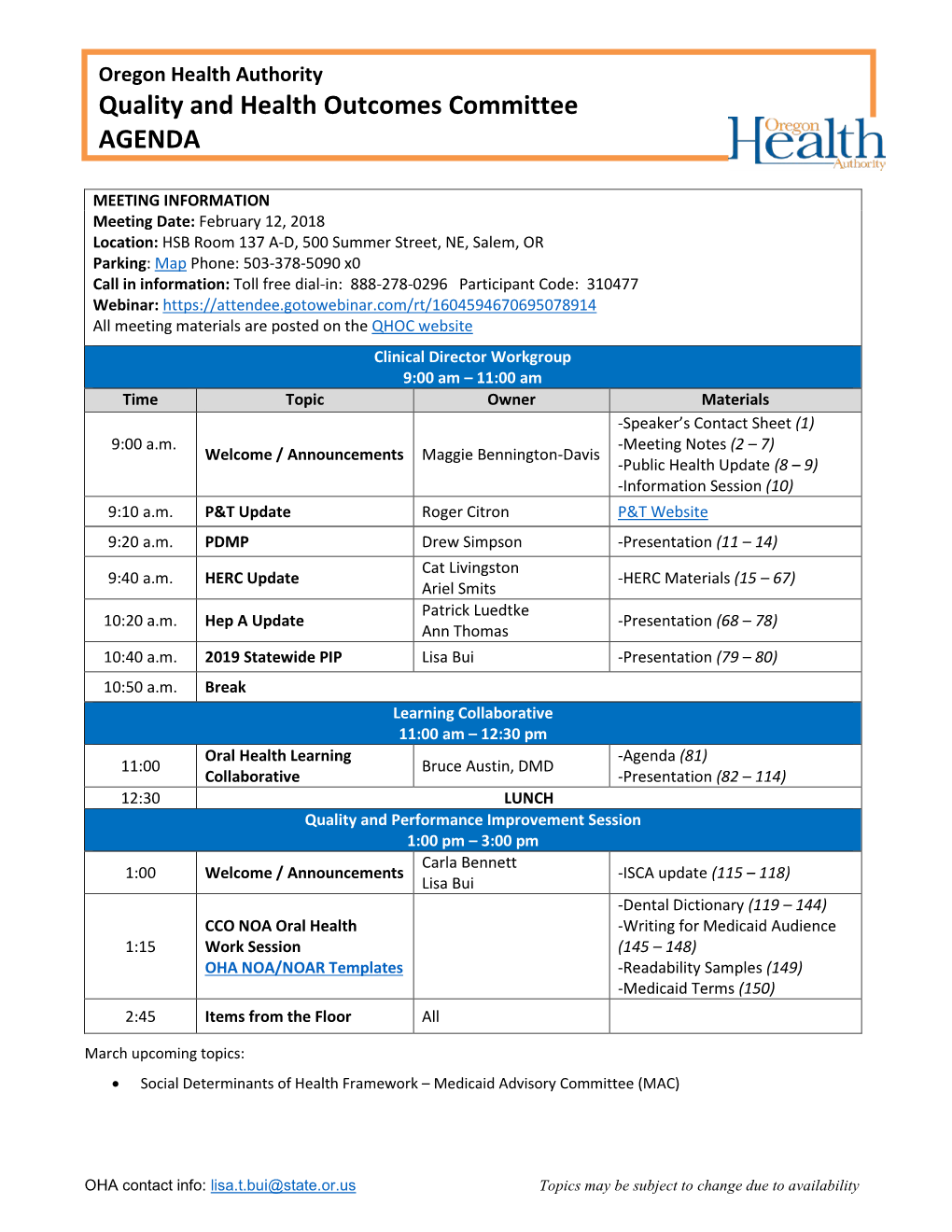 Quality and Health Outcomes Committee AGENDA