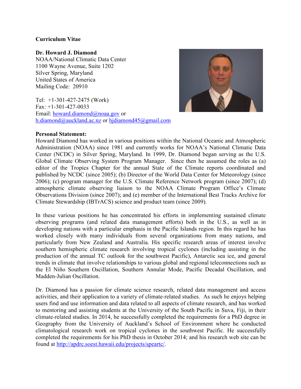 Curriculum Vitae Dr. Howard J. Diamond NOAA/National Climatic