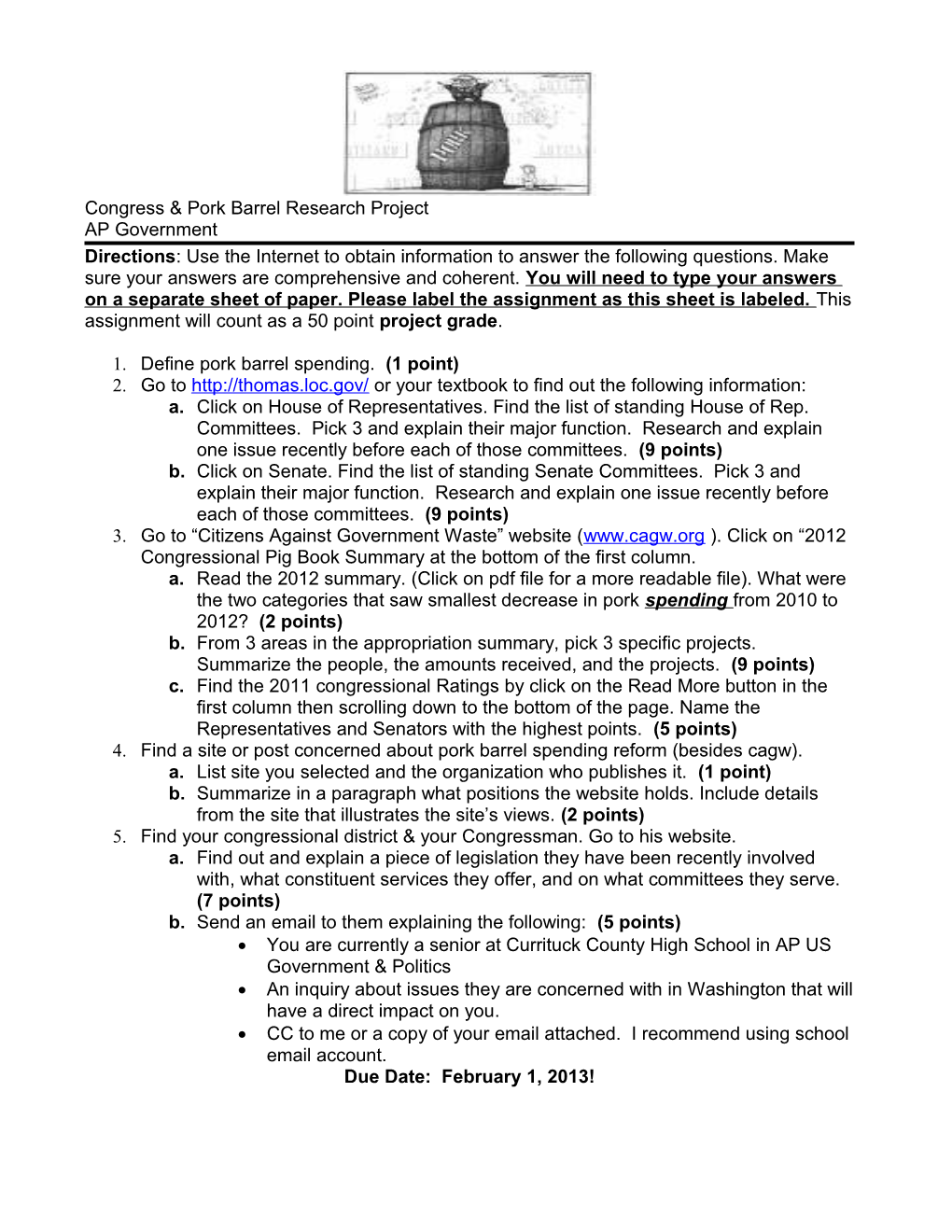 Congress/ Pork Barrel Worksheet