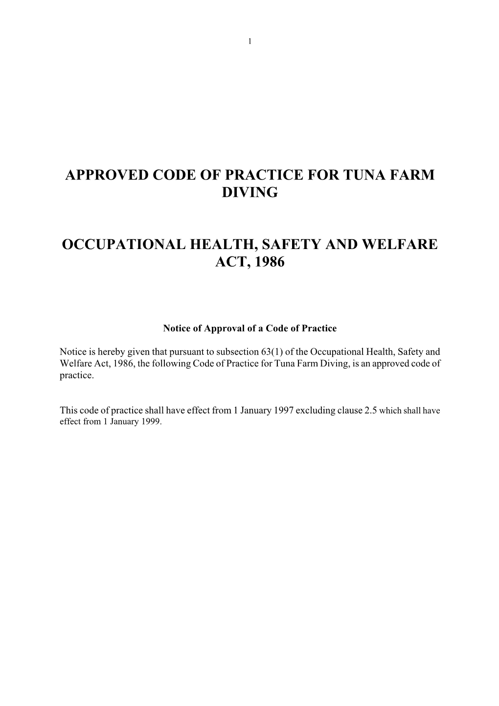 Approved Code of Practice for Tuna Farm Diving