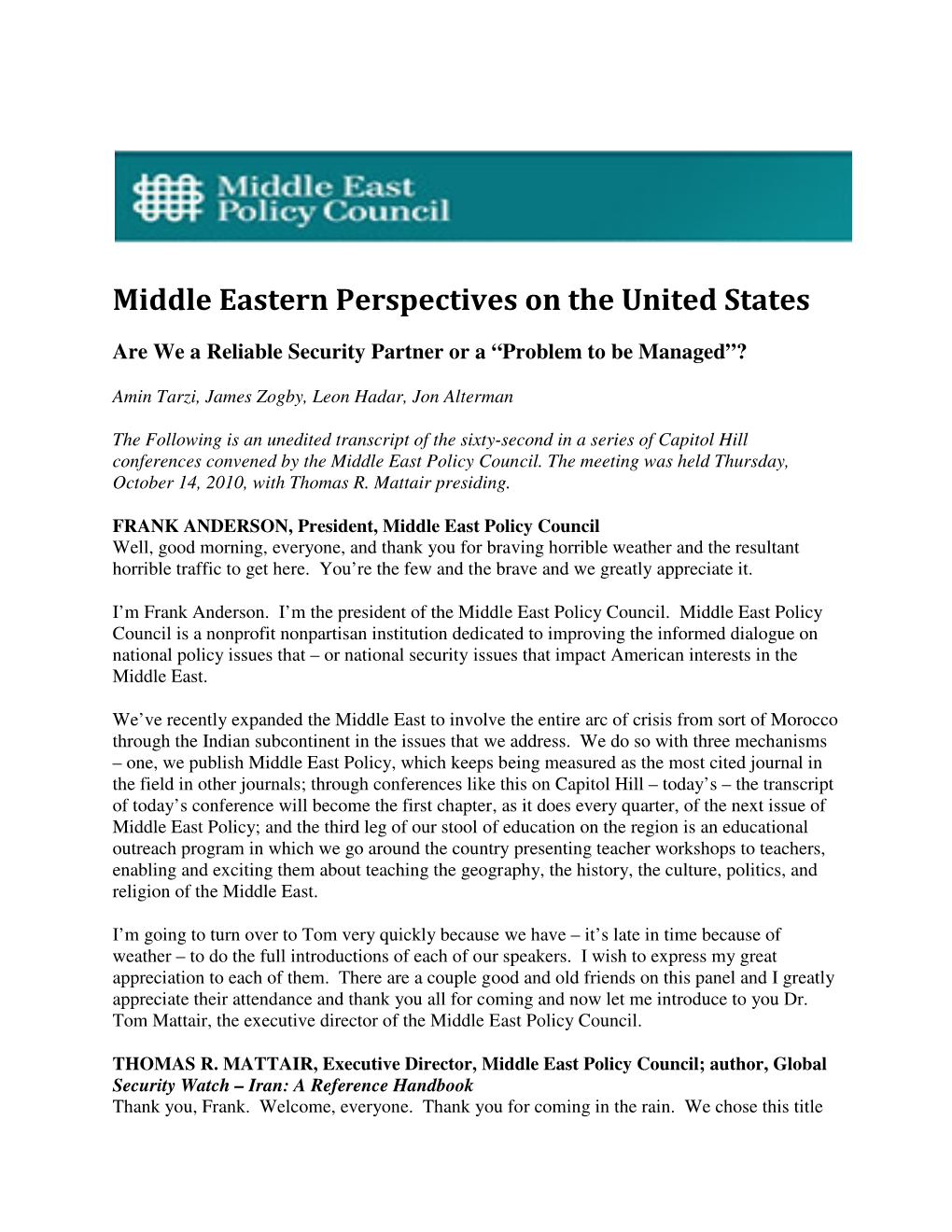 Middle Eastern Perspectives on the United States