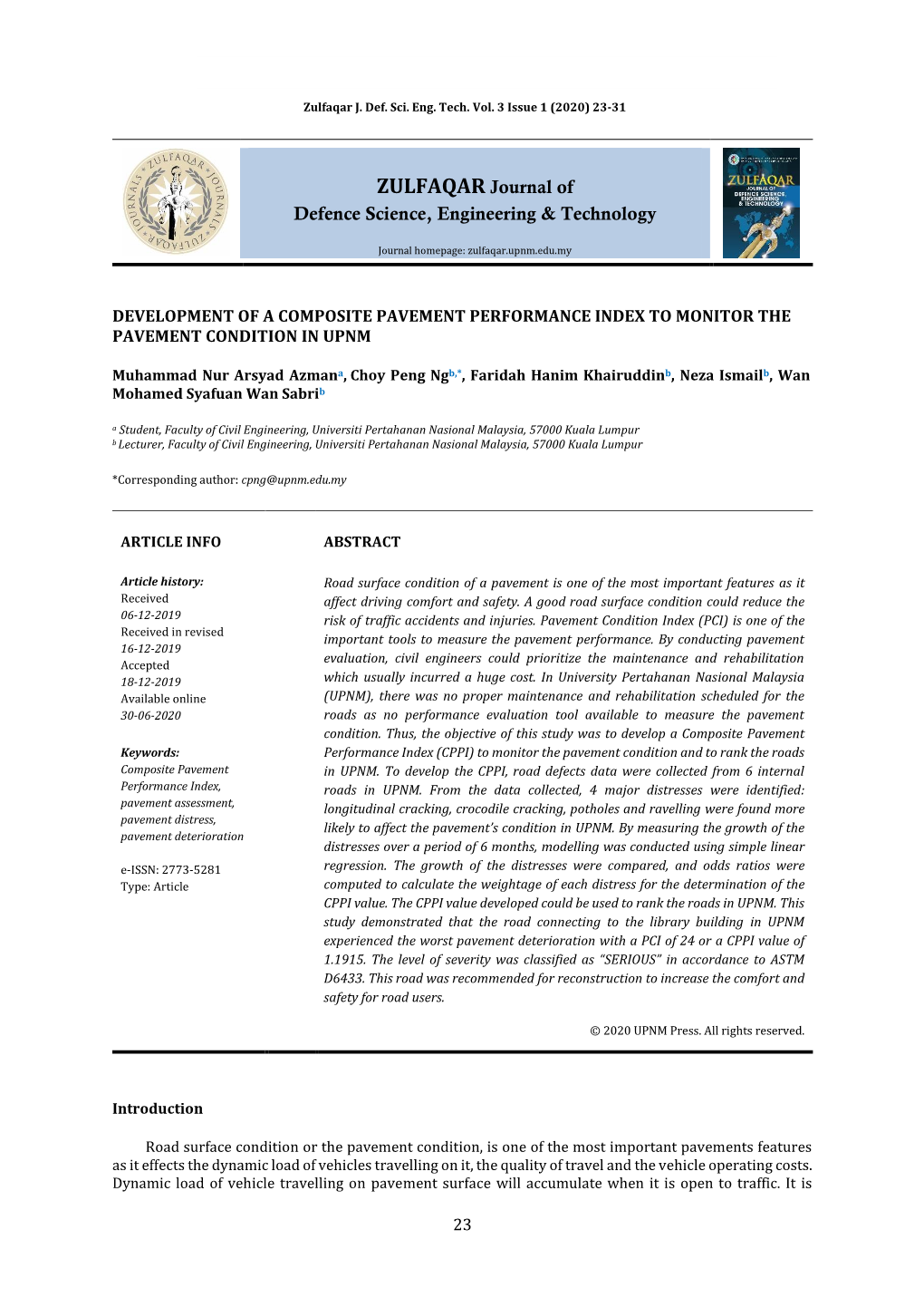 Development of a Composite Pavement Performance Index to Monitor the Pavement Condition in Upnm