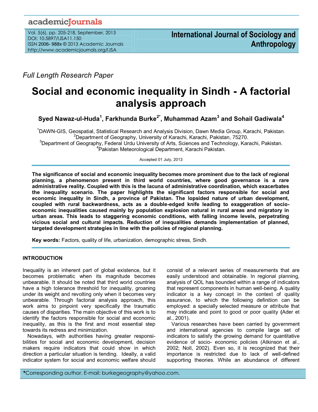 Social and Economic Inequality in Sindh - a Factorial Analysis Approach